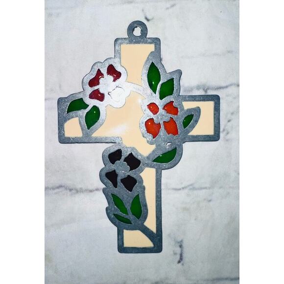 Vintage 1970s Stained Glass Cross With Flowers Suncatcher Religion Catholic - Picture 5 of 5